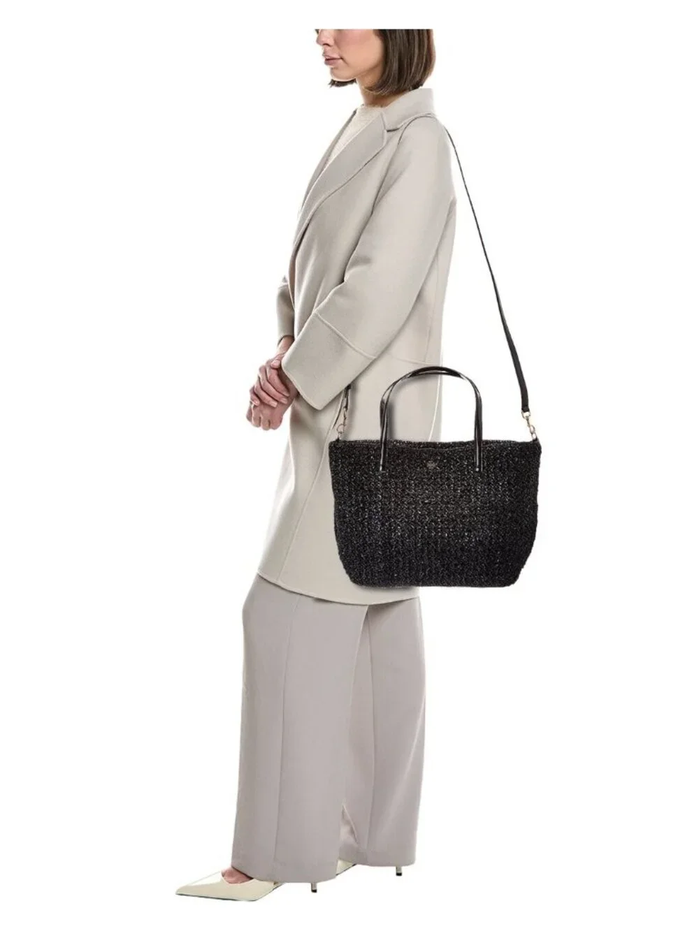 TORY BURCH Emerson Lacquered BLACK Raffia Small Tote